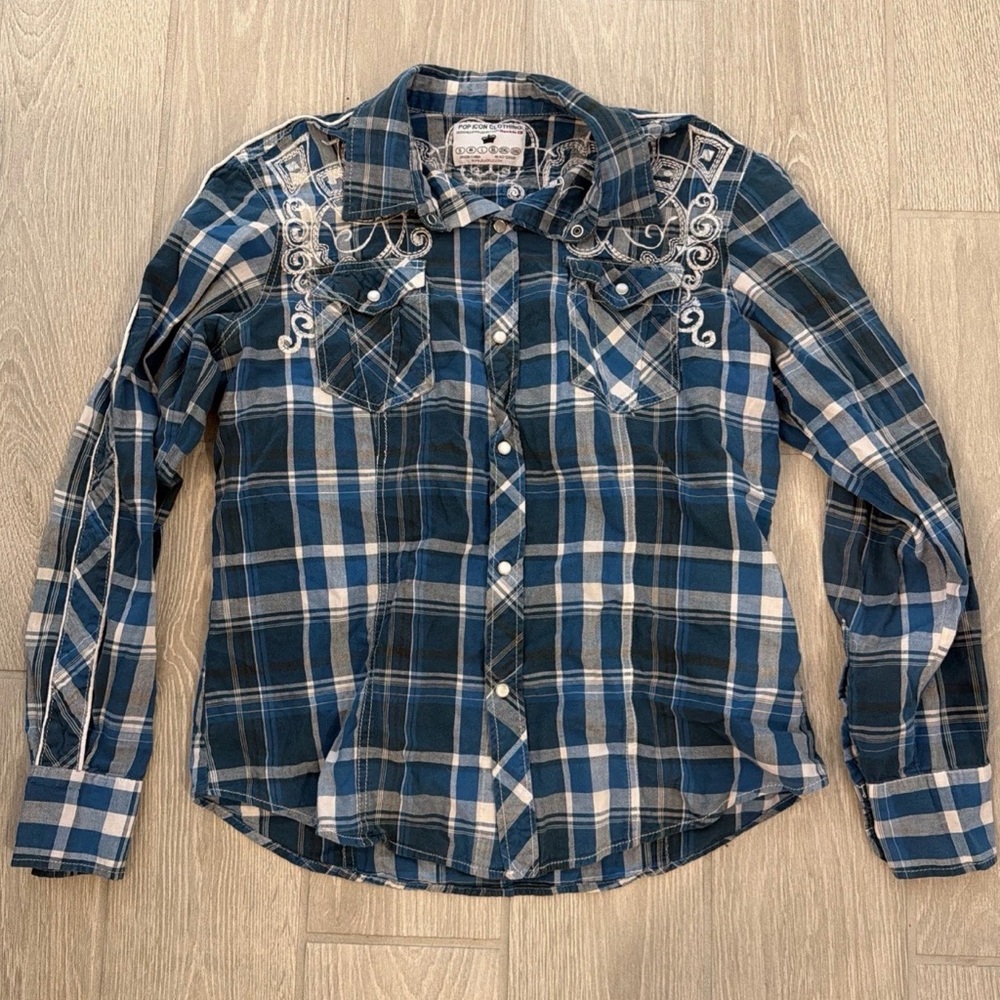 POP ICON CLOTHING Teal Plaid Shirt with White Embroidery